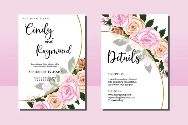 Hochzeitseinladung Kartenvorlage Aquarell Rose Blume — Stockvektor