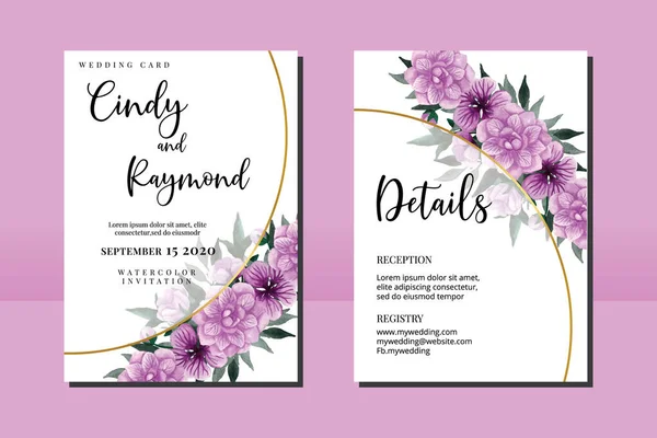 Hochzeitseinladung Card Template Lila Blume Aquarell — Stockvektor