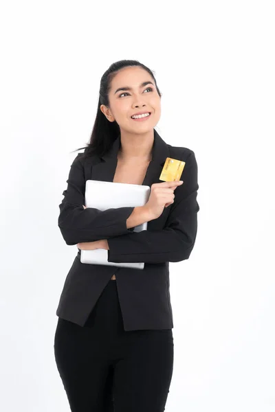 Porträt Asiatische Geschäftsfrau Mit Kreditkarte Und Dokumenten Der Hand Und — Stockfoto