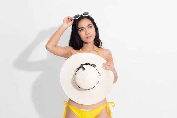 Summer Woman Studio Portrait Asian Woman Wearing Yellow Bikini Dress — Stock Photo, Image