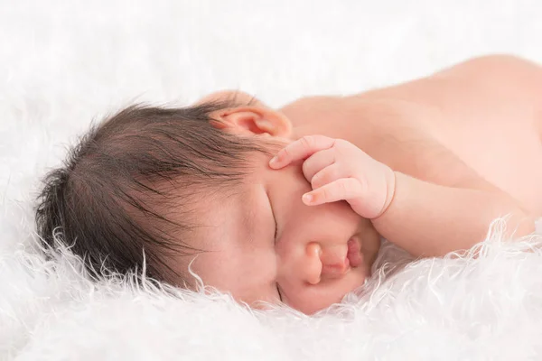 Cute Newborn Baby Boy Sleeping Face Soft White Fluffy Cloth — Stock Photo, Image