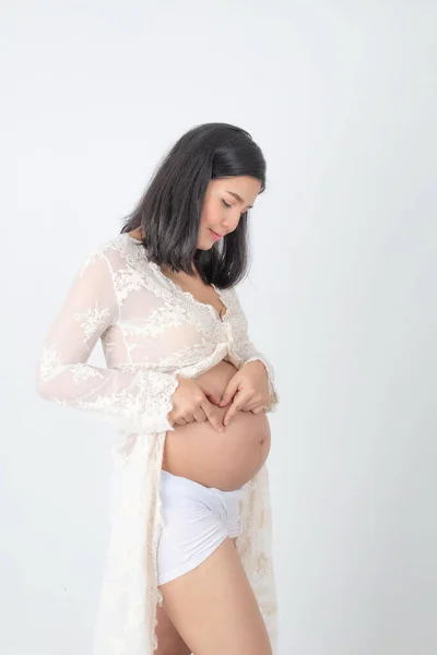 Студийный Портрет Беременной Счастливой Женщины Беременная Молодая Мать Портрет Ласкает — стоковое фото