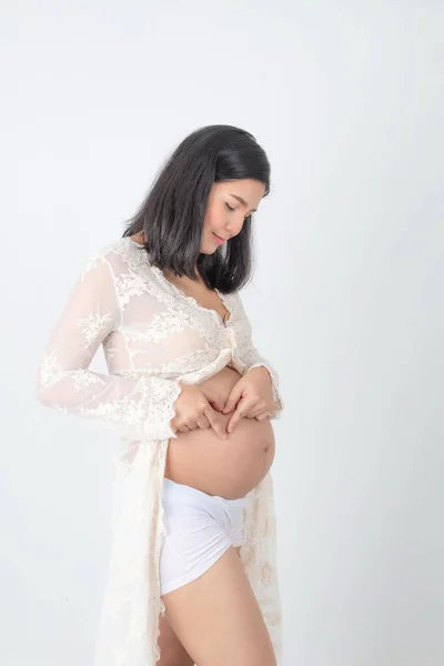 Estúdio Retrato Moda Grávida Mulher Feliz Retrato Mãe Jovem Grávida — Fotografia de Stock