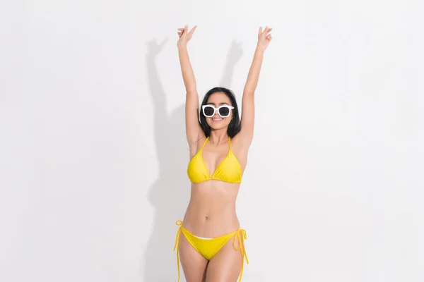 Woman Wearing Yellow Bikini Dress White Sunglasses Head Concept Summer — Stock Photo, Image