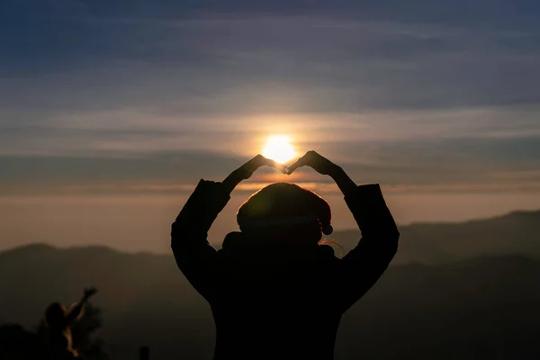 Silhouette Girl Hands Head Likw Heart Shape Sunrise Mountain — Stock Photo, Image
