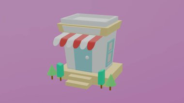 Menekşe arkaplanda boş etiketli şirin minimal ev dükkanı, basit geometrik şekil, çizgi film tarzında küçük mağaza, 3D resimleme 