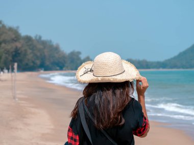 Arkadaki kadın geniş hasır şapka takıyor. Deniz kıyısında rahatlayıp manzaraya bakıyor.
