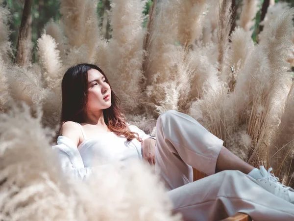 白いセクシーなキャミソールで魅力的なアジアの女性の肖像カジュアルパンツとバック思考に座ると太陽の光クリームふわふわ草の花の庭で空まで見上げ 純度の概念 — ストック写真