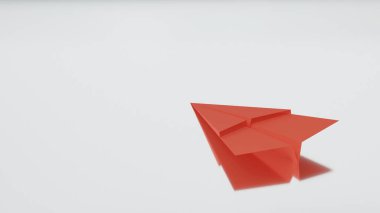Beyaz arka planda yansıması olan bir kırmızı kağıt uçak, hava postası, iş yönü konsepti, 3D resimleme