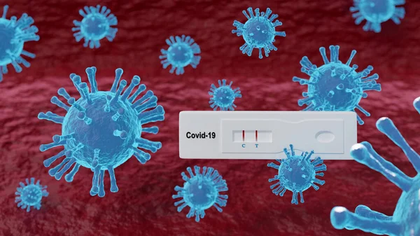 Positive test result by using rapid test device for COVID-19 with virus floating in blood. novel coronavirus 2019-nCoV SARS-CoV-2. Lab card kit test fast testing blood viral antigen, 3d rendering