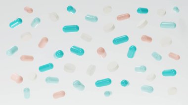 havada süzülen ilaç kapsülü beyaz arka plan, faz, hastalık tedavisi, 3D illüstrasyon