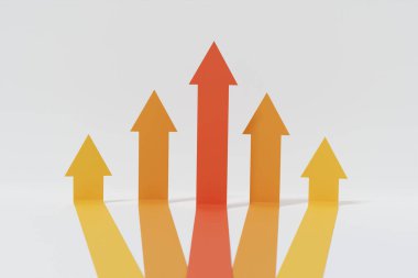 five orange and red arrows from the same start going up. Abstract financial chart with line arrows graph spread out and go up isolated on white background. Business success concept. 3d rendering