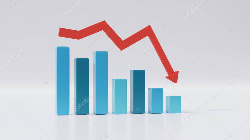 3d isolated bar chart decrease with reflection business growth or stock fall with red downtrend arrow, statistics forecast, financial profit 