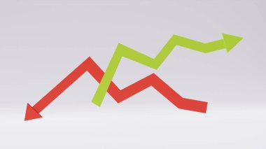 Beyaz zemin üzerinde izole edilmiş kırmızı ve yeşil zigzag ok çizgisi yönü. İş büyümesi konsepti, istatistik tahmini, finansal kazanç, hisse senedi değişimi. 3d oluşturma 