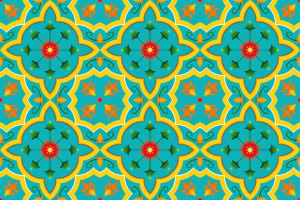 Ζωηρό Κίτρινο Μπλε Μαροκινό Έθνικ Γεωμετρικά Floral Κεραμίδι Τέχνης Ανατολίτικη — Διανυσματικό Αρχείο