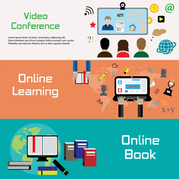 Platte ontwerp banners voor videoconferentie, online leren en online lezen — Stockvector