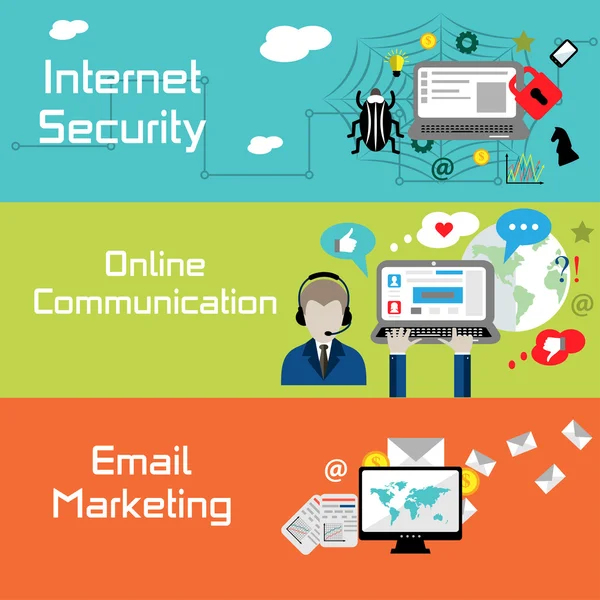 İnternet güvenliği, online iletişim ve e-posta pazarlama için düz tasarım afiş