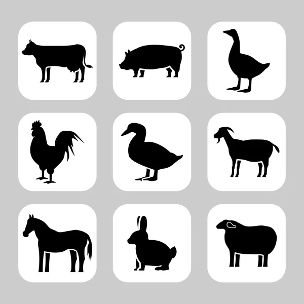 Farm animals silhouettes vector icon set — Stock Vector