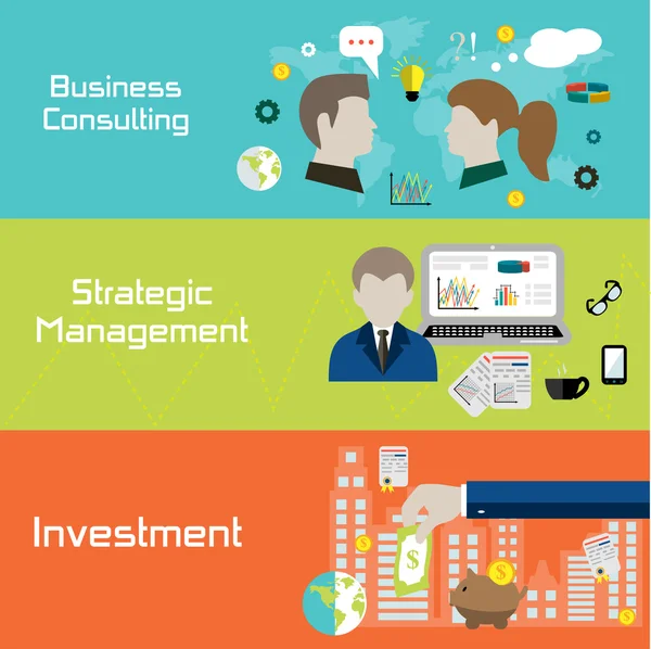 Flat style banners for business, finance, strategic management, investment and consulting — Stock Vector