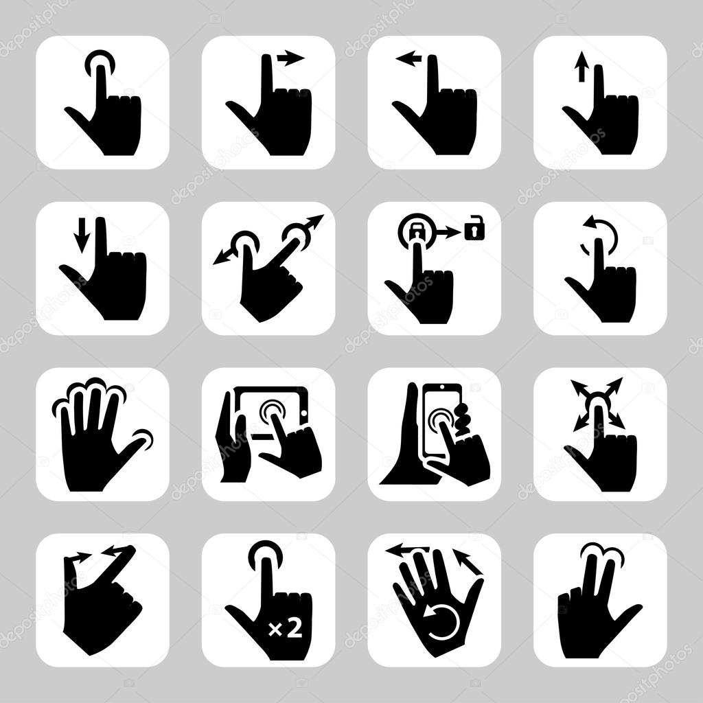 Vector touch screen gestures icons: tap, press and hold, swipe, spread, pinch, rotate
