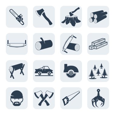Vector lumberjack and sawmill icons set clipart
