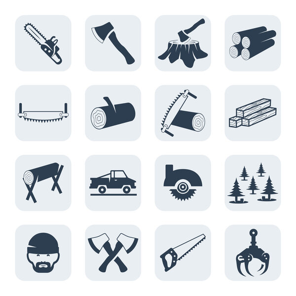 Vector lumberjack and sawmill icons set
