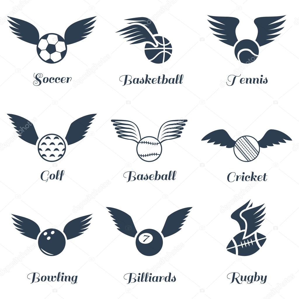 Sport balls with wings icon set