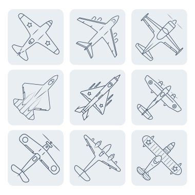 Vector airplanes thin outline icon set clipart