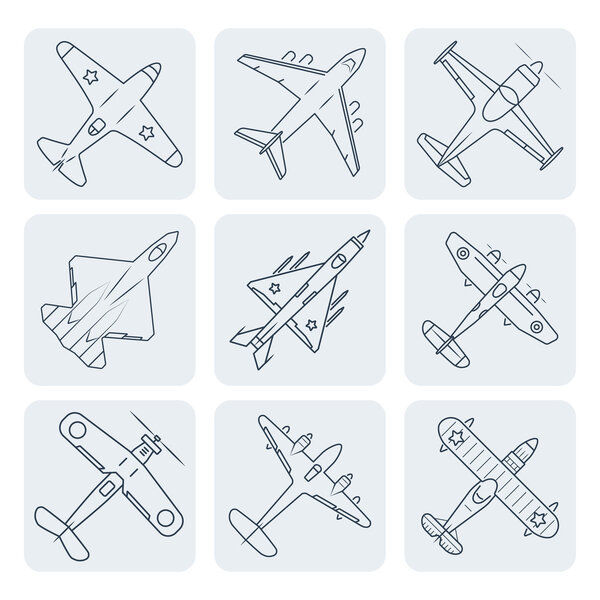 Vector airplanes thin outline icon set
