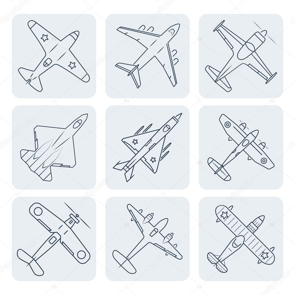 Vector airplanes thin outline icon set