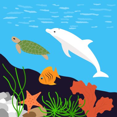 Düz stil sualtı dünyasını afiş. Vektör çizim.