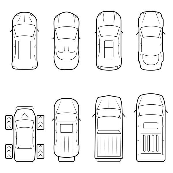 İnce çizgi stili, üstten görünüm arabalar Icon set