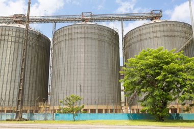 Brezilya, Santos Limanı 'nda tarım ürünlerinin depolanması için metal silolar.