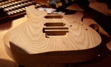 Gitar, daha parlak bir tezgahta birkaç kolu vurgulanmış olarak üretiliyor..