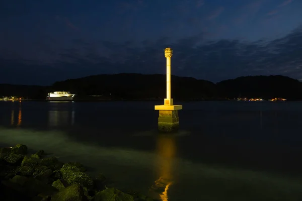 Night View Entrance Port Santos Landmark Martim Afonso Background Fort — Stock Photo, Image