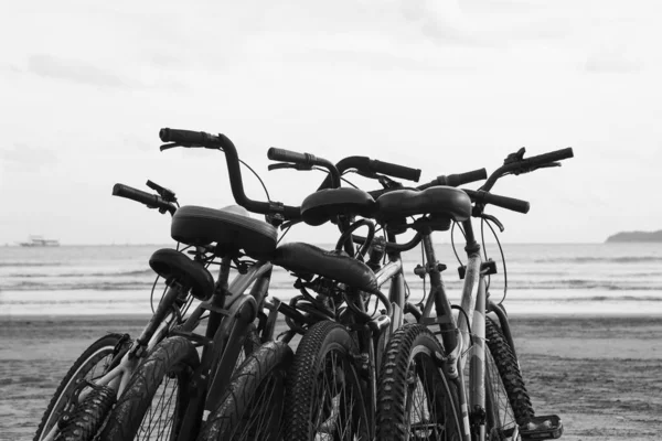 Vélos Blottis Sur Plage Avec Horizon Mer Arrière Plan — Photo