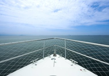 View from the bow of a 27-foot speedboat sailing along the coast with the horizon in the background.