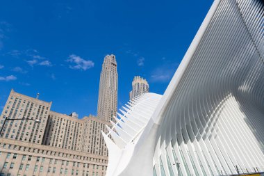 New York 'taki Dünya Ticaret Merkezi' ndeki Oculus binasının modern beyaz yapısının yakın görüntüsü klasik gökdelenlerle ve açık mavi gökyüzüyle çelişiyor..