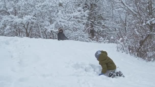 Chłopcy bawiący się śniegiem w zimowym parku na wakacjach — Wideo stockowe