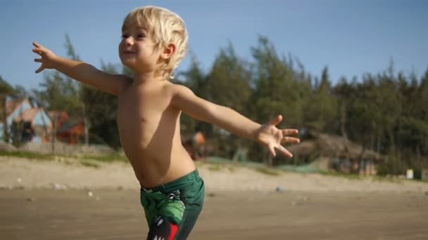 Um menino bonito corre ao longo da praia em seu braço mães e eles girando. Movimento lentox2 — Vídeo de Stock