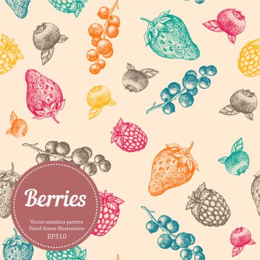 Berry, strawberry, blackberry, currant, raspberry, hand drawn seamless vector pattern. Nature organic illustration.