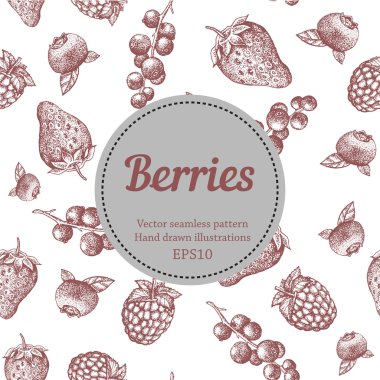 Berry, strawberry, blackberry, currant, raspberry, hand drawn seamless vector pattern. Nature organic illustration.