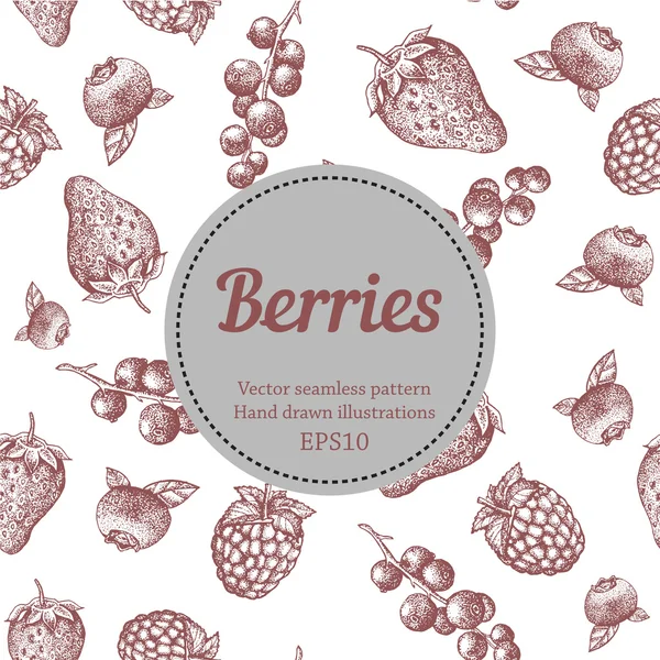Berry, strawberry, blackberry, currant, raspberry, hand drawn seamless vector pattern. Nature organic illustration. — Stok Vektör