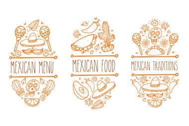 Meksika taslak doodle toplama, vektör el çizilmiş etiket elemanları. Kafatası, şekerkafatası, sombrero, avokado, biber, kaktüs, kireç, limon, taco, burrito, bıyık. Yerli geleneksel gıda ve özellikleri.