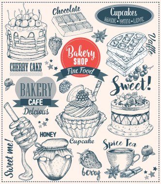 Beyaz vintage retro fırın etiketleri seti. Tatlı kek, cupcake, çikolata, berry, bal, nasırve tipografik eleman tarzı tasarım, çerçeve, nesneler waffle dekorasyon koleksiyonu. Vektör