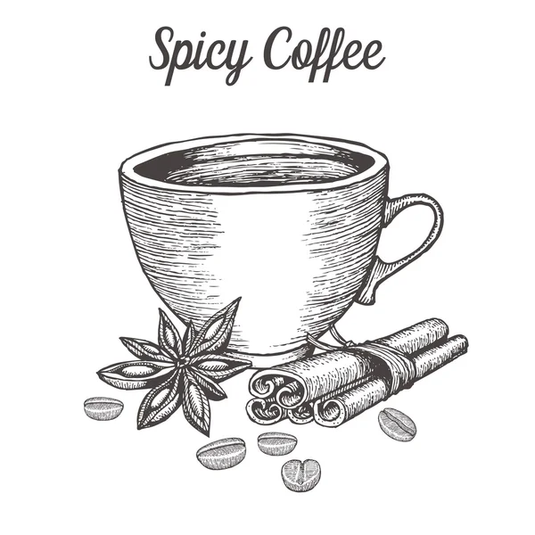 Xícara de café com especiarias, feijão, canela, anis estrelado. Bebida natural de cafeína orgânica. Ilustração vetorial desenhada à mão sobre fundo branco . — Vetor de Stock