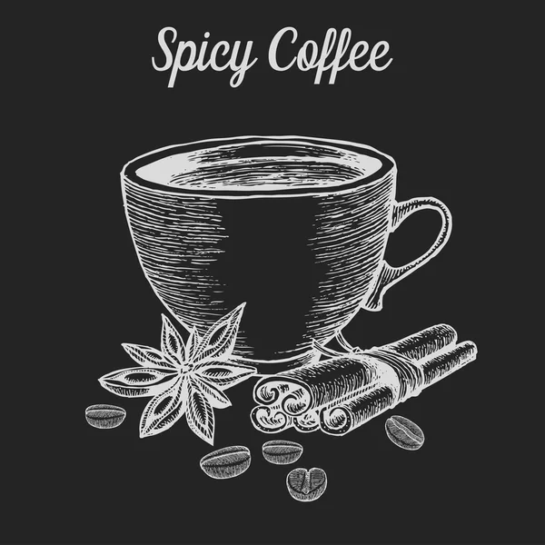 Kaffekopp med krydda, bönor, kanel, stjärnanis. Naturlig ekologisk koffein dryck. Handritad vektor illustration på svarta tavlan bakgrund. — Stock vektor
