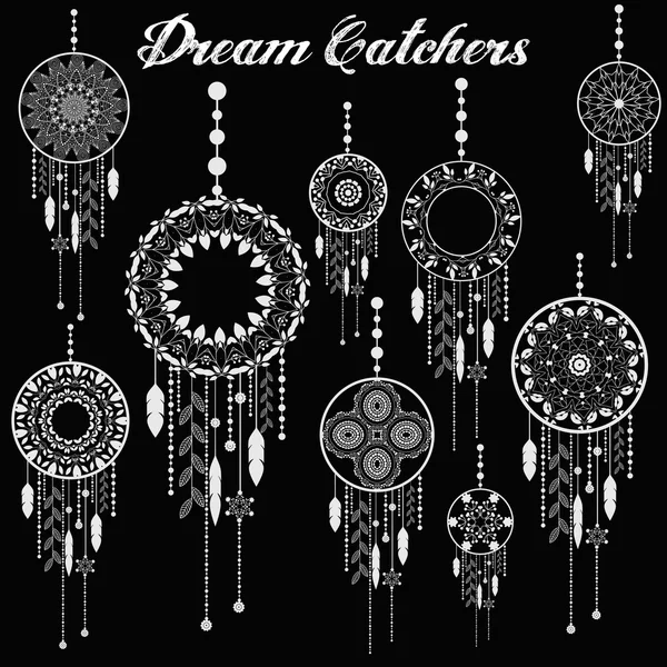 Sonho apanhador dreamcatcher pena azteca vetor tribal padronizado conjunto com decoração. Ilustração nativa americana —  Vetores de Stock