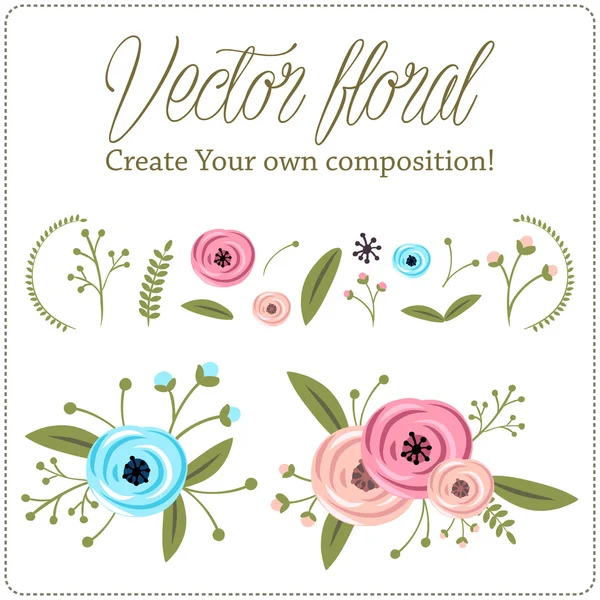 Rosa flor floral hoja, rama, borde vector parte elemento conjunto ilustración — Vector de stock
