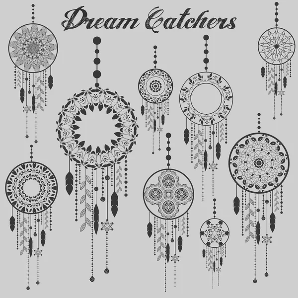 Sonho apanhador dreamcatcher pena azteca vetor tribal padronizado conjunto com decoração. Ilustração nativa americana —  Vetores de Stock